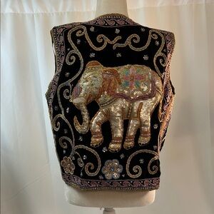 Vintage Elegant Black and Gold Embroidered Elephant Vest Size Large